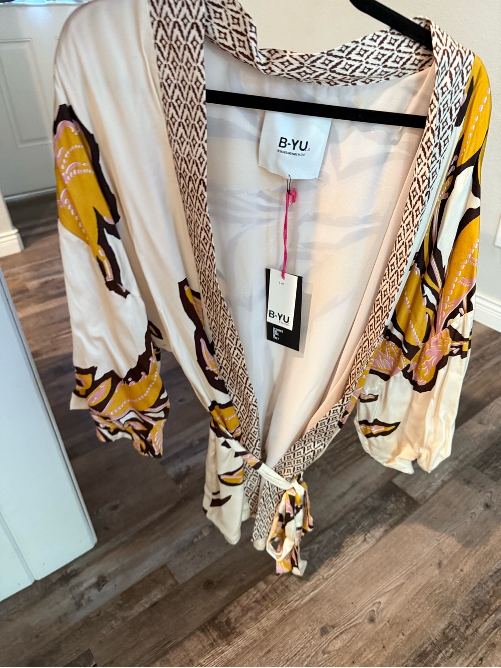 Cream Floral Tie-Front kimono with Mustard Accents